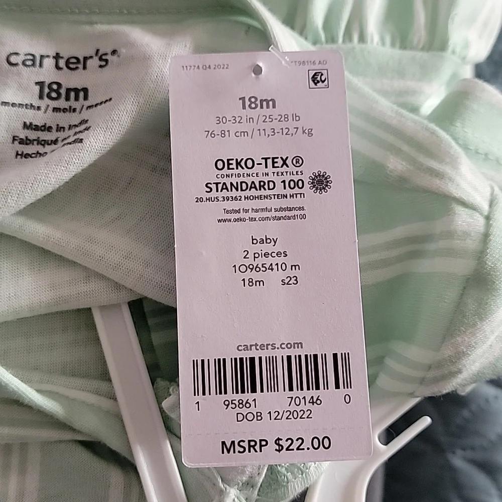 Carter's little girls dress, NWT, 18 months, mint green and white striped.